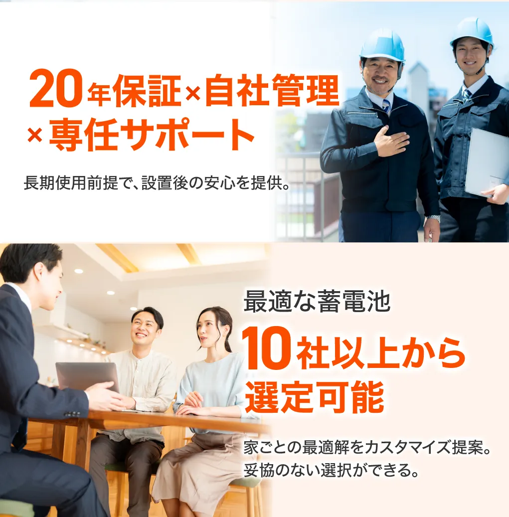 20年保証 自社管理 専任サポート 最適な蓄電池10社以上から選定可能